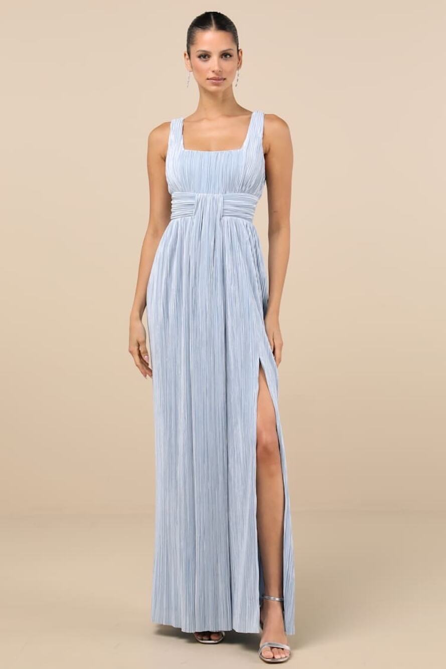 NWT Lulus Ameena Light Blue Plisse Square Neck Sash Maxi Dress Gala Banquet Sz L